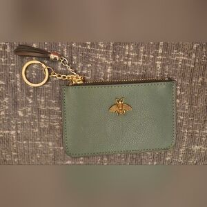 New Green Leather Coin Purse with Gold Bee Accent